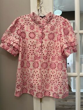 J. Crew Pink Floral cotton blend Embroidered Short Sleeve Blouse